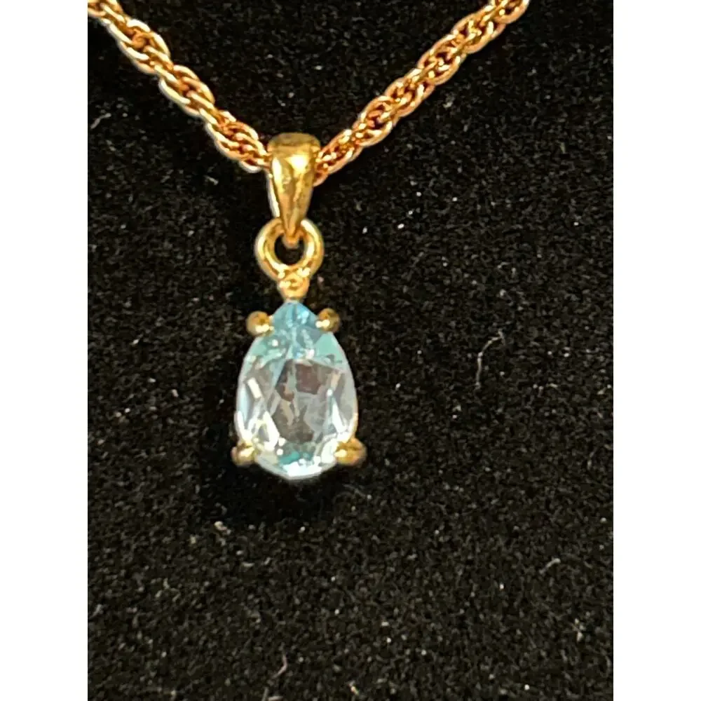 Gold Tone Blue Topaz Teardrop Pendant Necklace 18